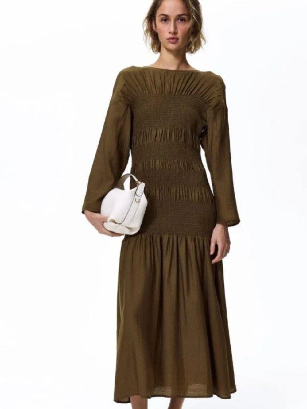 H&M Smocked Dress Dark Khaki Like New